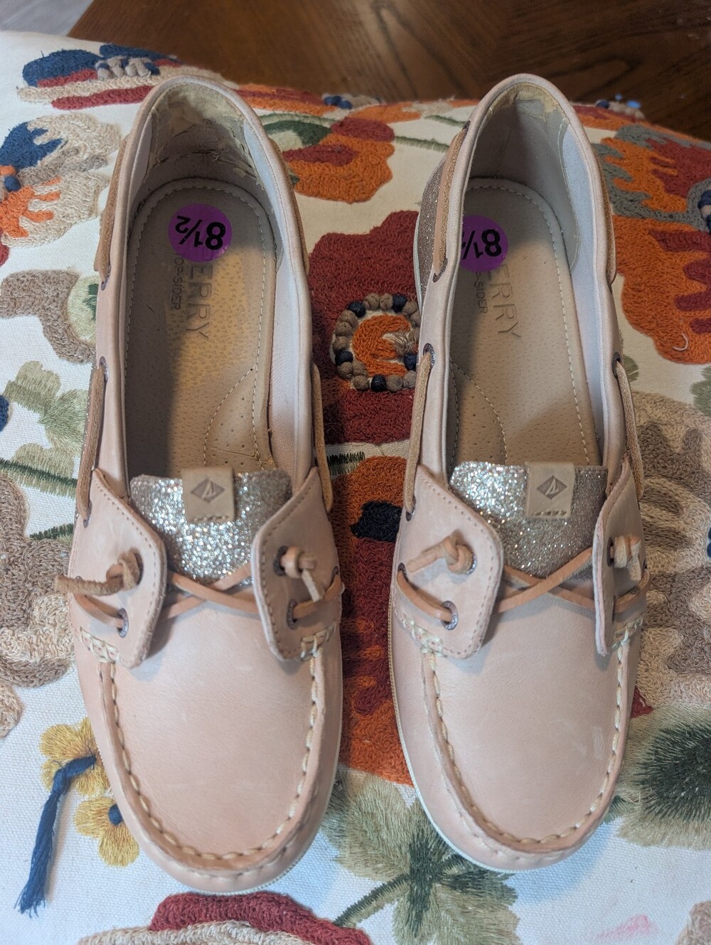 Sperry‎ Women's Pink Leather Boat Shoes with Glitter Tongue And Sides Size 8.5